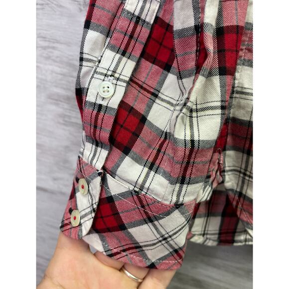 Talbots Flannel Womens P Red White Plaid Button Up Long Sleeve Metallic Cotton - Picture 11 of 11